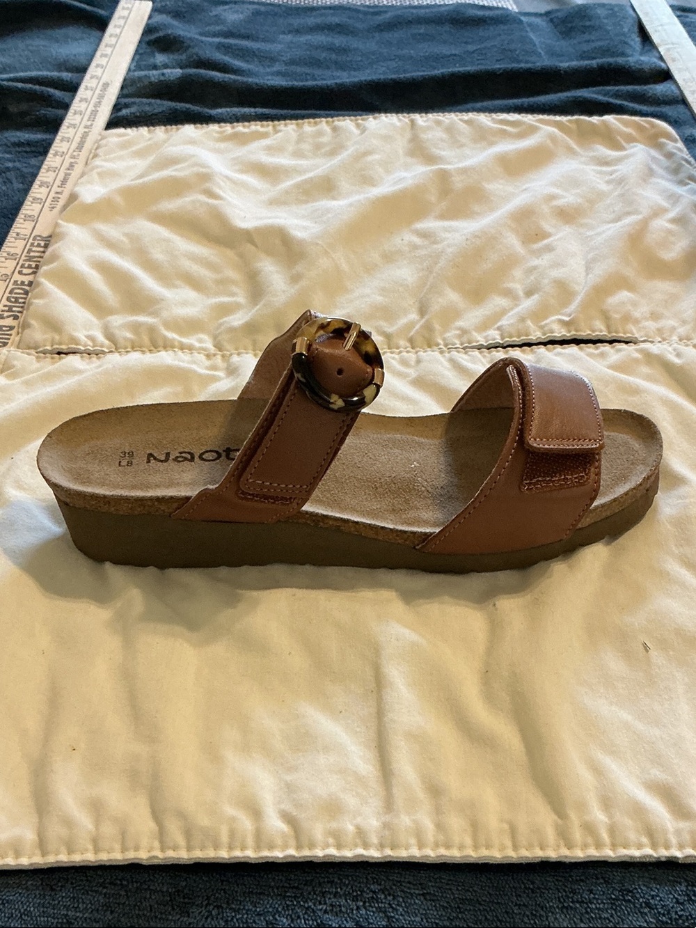 Naot Tan Leather Two-Strap Slide with Buckle Detail